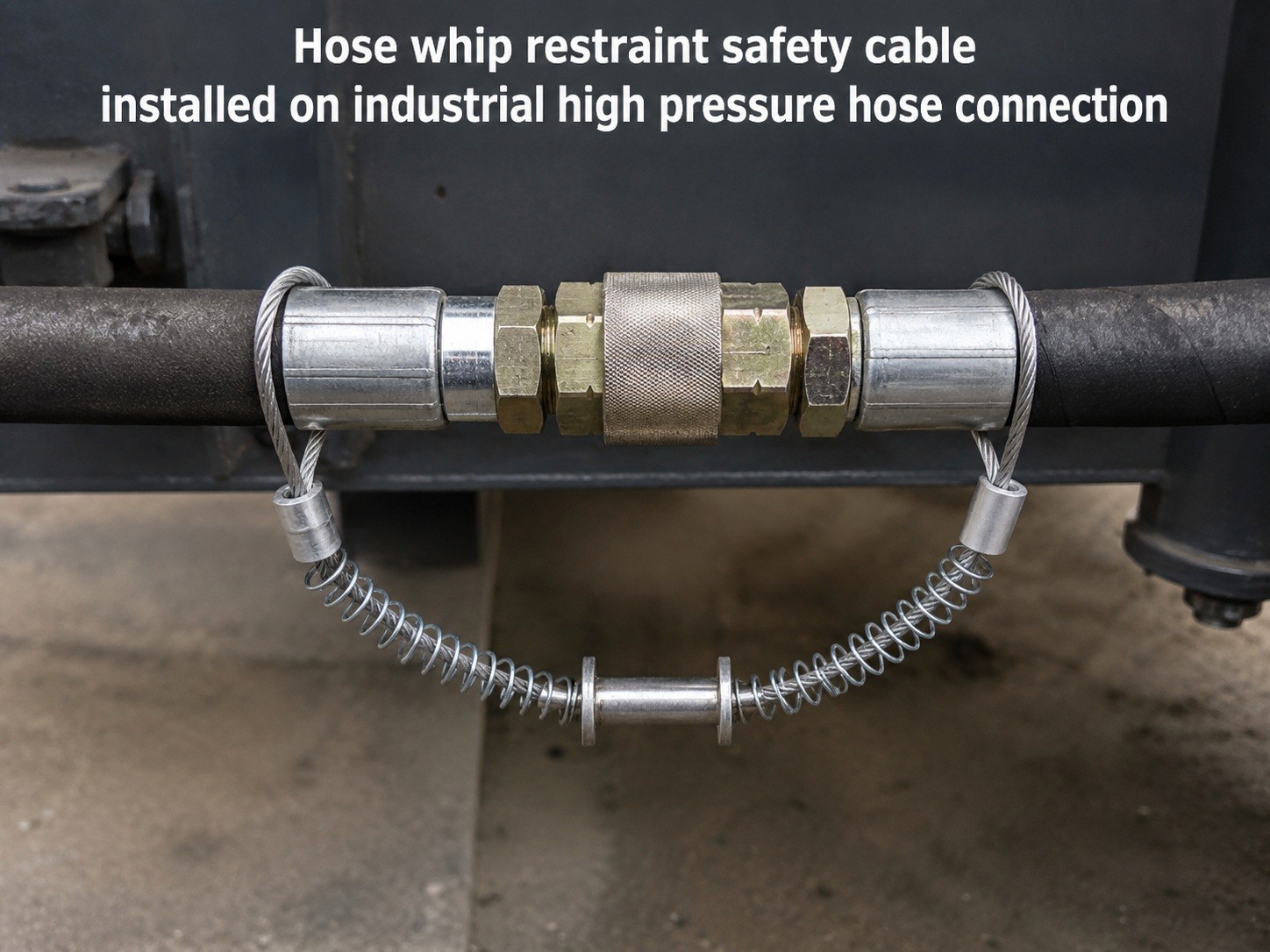 Hose whip restraint safety cable installed on industrial high pressure hose connectio