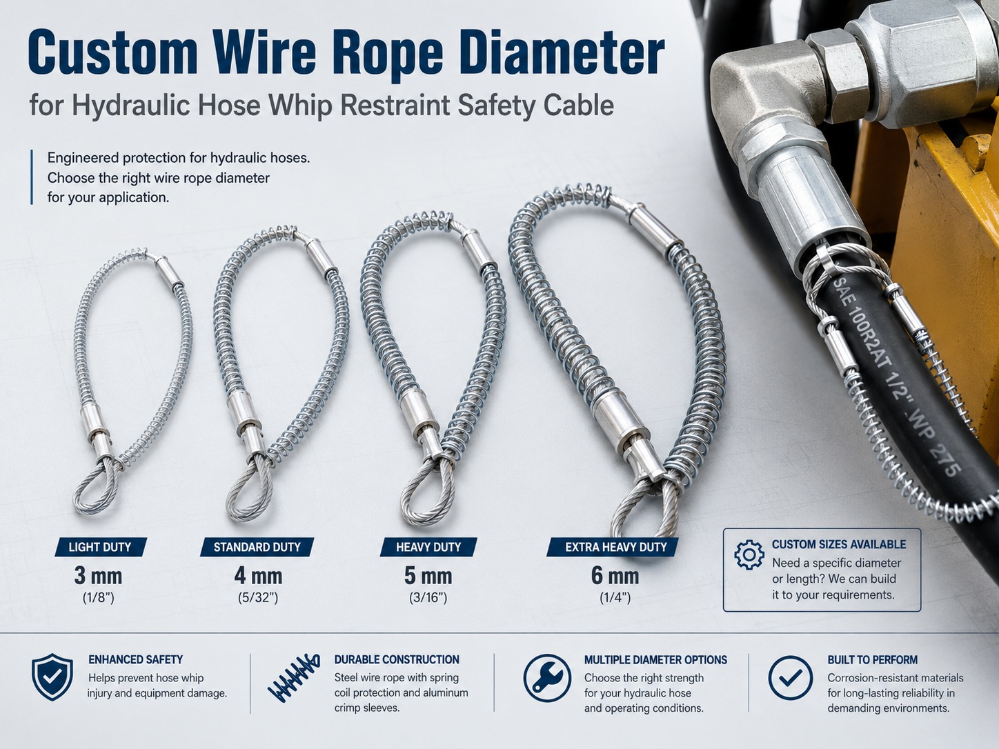 Custom wire rope diameter for retenue fouet tuyau hydraulique safety cable