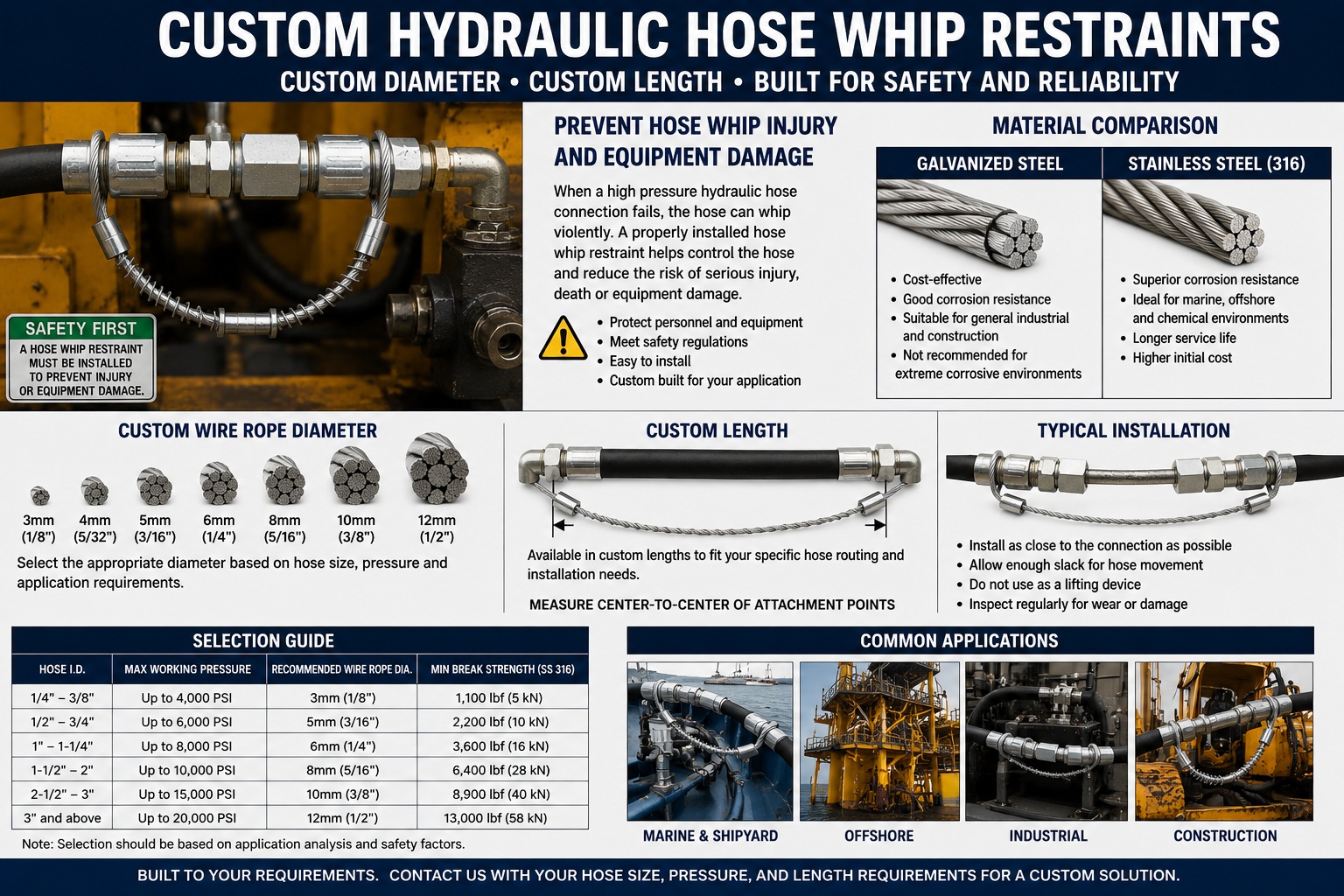 Custom length retenue fouet tuyau hydraulique for high pressure hose connection
