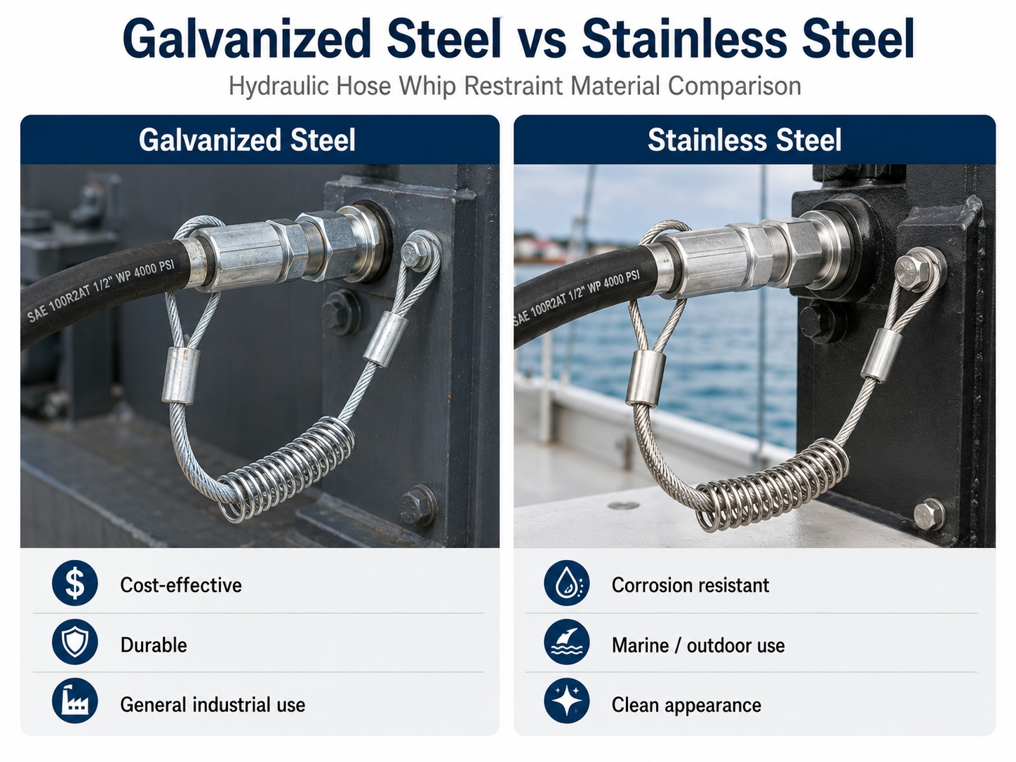 Galvanized steel and stainless steel retenue fouet tuyau hydraulique material comparison
