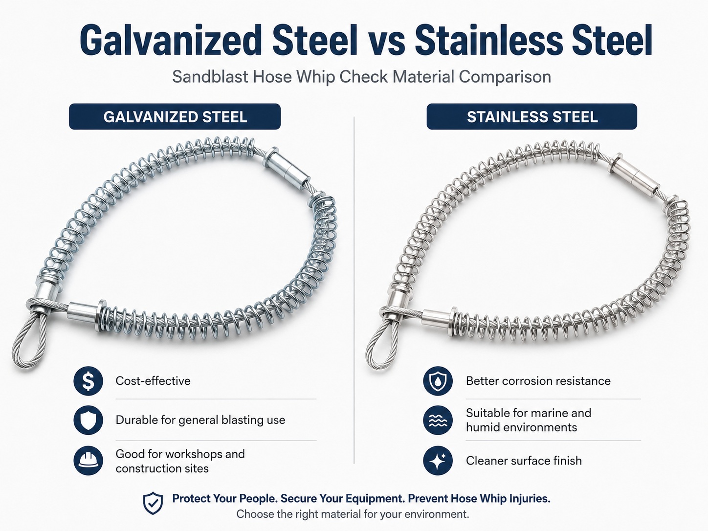 Galvanized steel and stainless steel sVérification du fouet du tuyau andblast material comparison