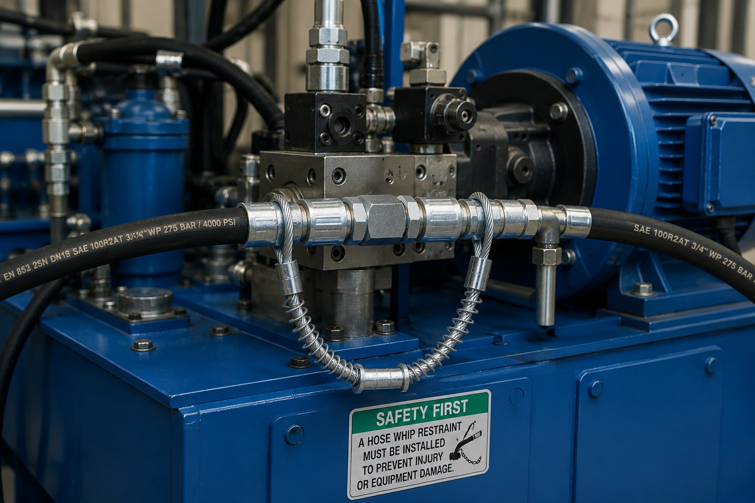 Haut pressure hose restraint installed on industrial hydraulic power unit
