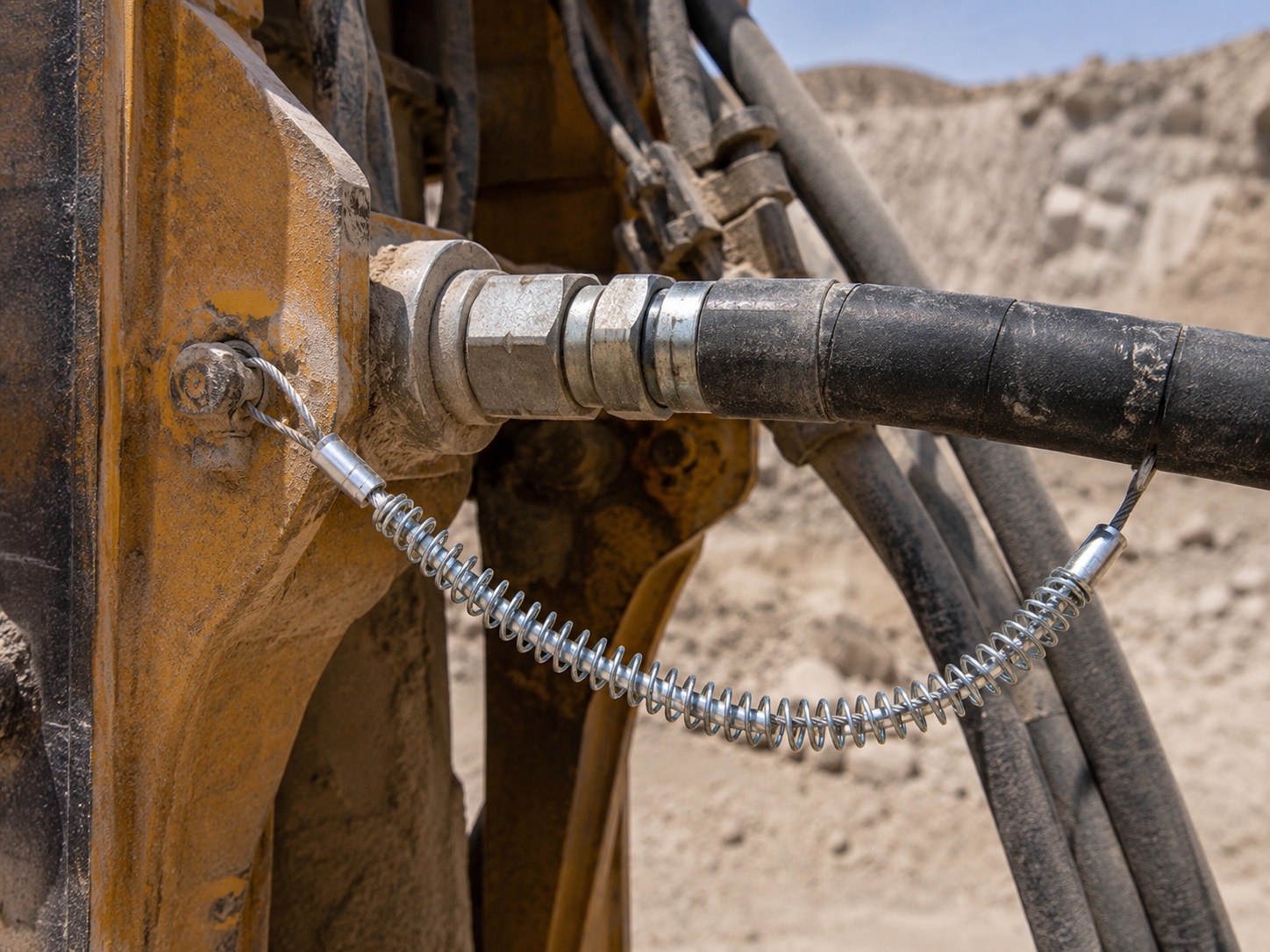 Mining retenue fouet tuyau hydraulique installed on heavy equipment hose connection