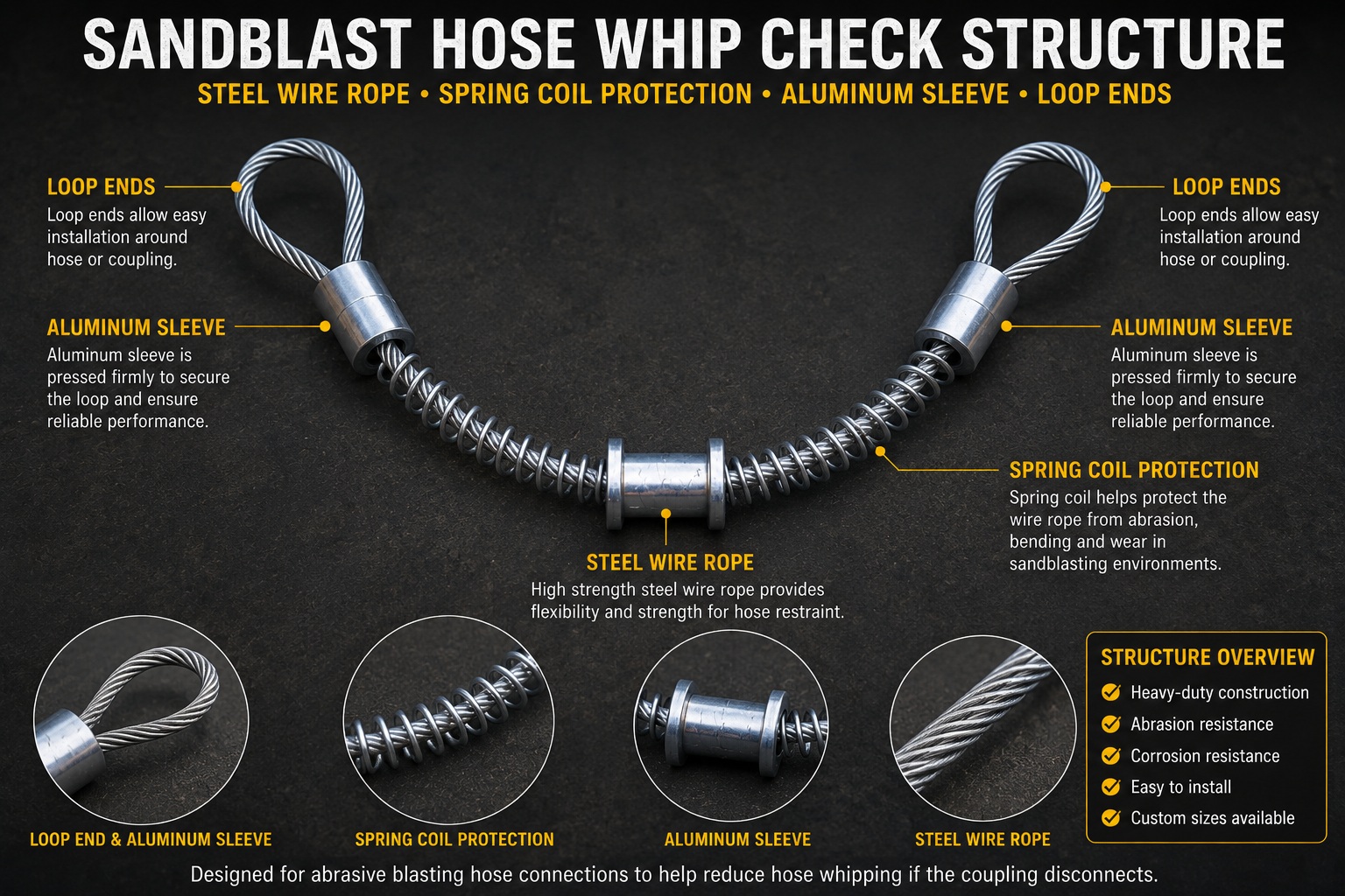 SVérification du fouet du tuyau andblast structure with steel wire rope spring coil aluminum sleeve and loop ends